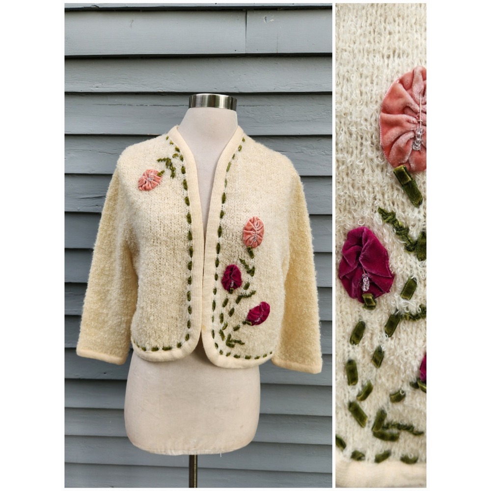 Vintage Rosanna Cardigan Cream 3D Velvet Floral Ribbon Embroidered Boucle Knit L